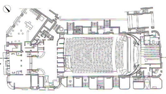 Grundriss des Erdgeschosses, links das Foyer