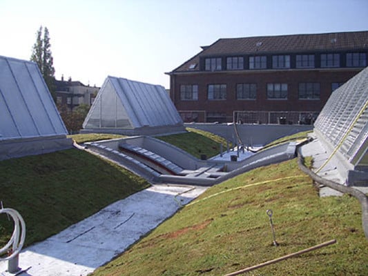 Das hochgedämmte Dach der tonnenüberwölbten Halle wurde begrünt