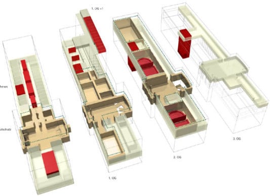 Isometrische Darstellung des Denkmal-Konzepts: Rot = Neu