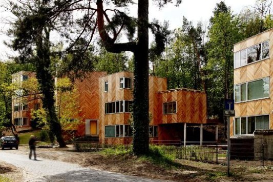 Die Gebäude fügen sich in den Wald ein und ordnen sich den bestehenden Bäumen unter