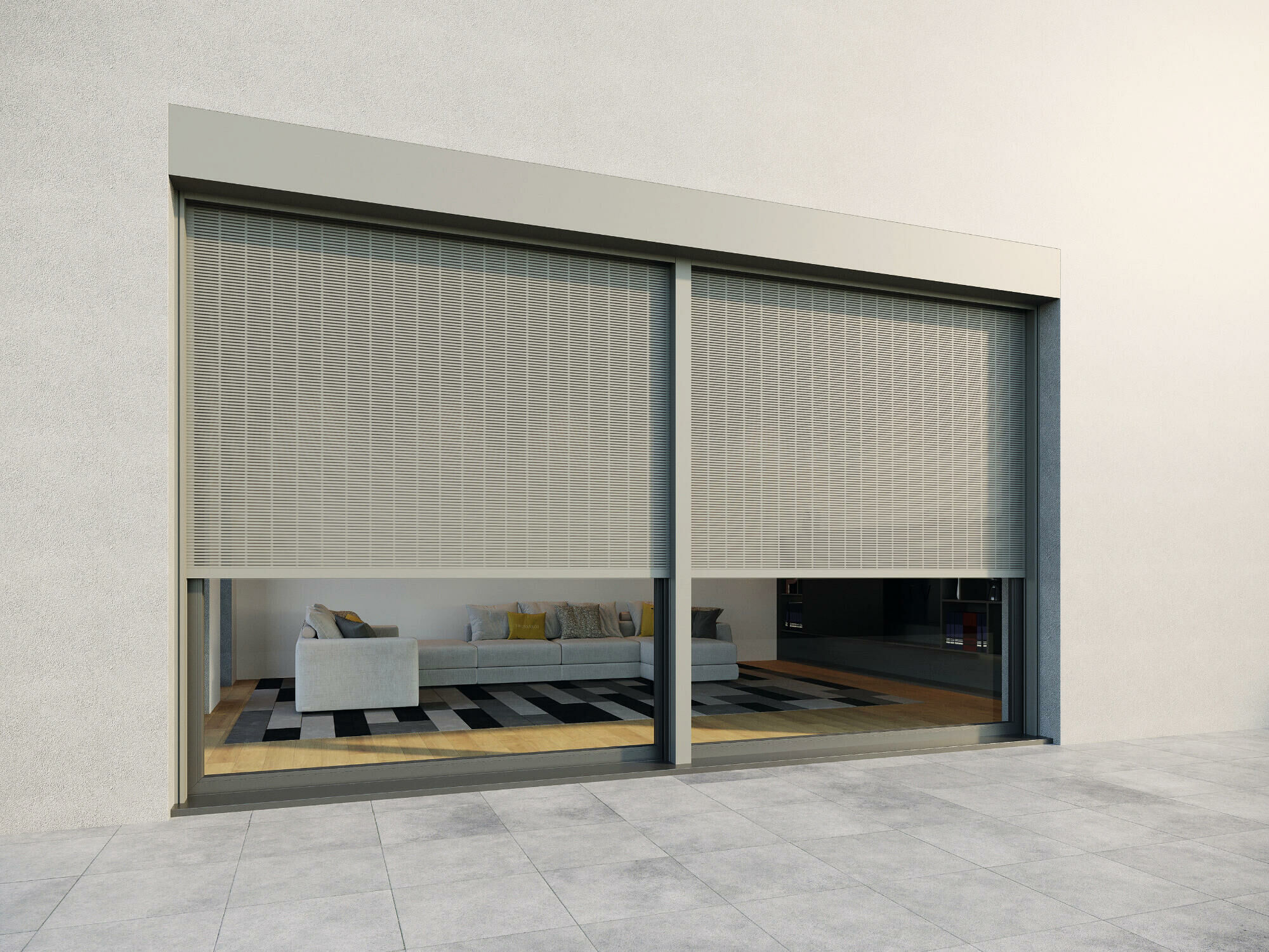 Aluminium-Mikrolamellen des Sonnenschutzsystems  s_onro von MHZ. Es ähnelt einem Rollladen, bietet aber mehr Transparenz.
