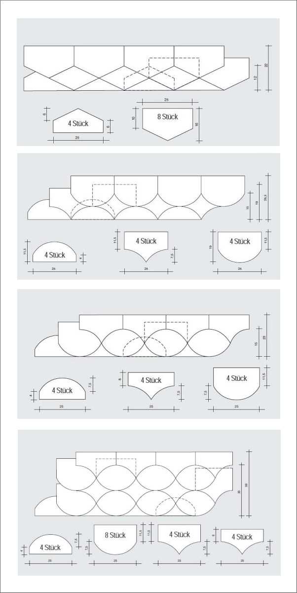 Deckschema und Formate bei Kettengebinden als Raute, Stern, Welle und Doppelwelle (von oben nach unten)