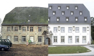 Bemoostes Dach vor und nach der Sanierung mit einer Schieferdeckung: Kloster Paradies in Soest