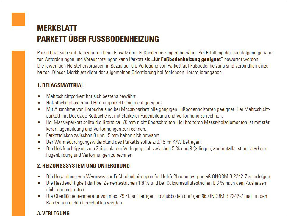 Merkblatt Parkett über Fußbodenheizung