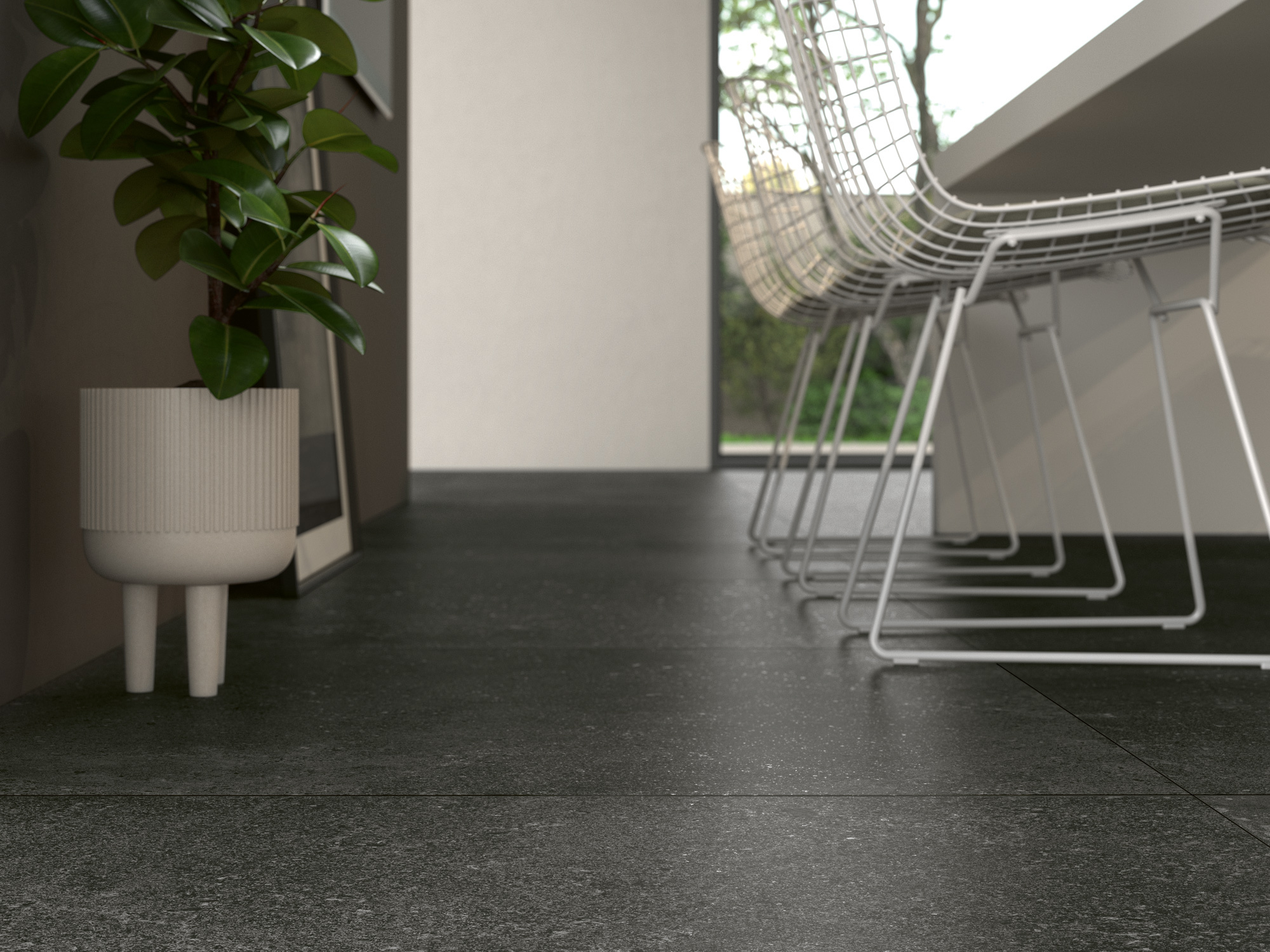 Gerade en vogue sind großformatige Fliesen, wie die Serie Loft von Porcelaingres im Farbton Stone Dark zeigt.