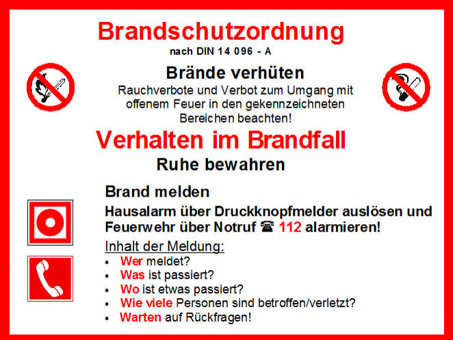 Teil des Organisatorischen Brandschutzes: Im Gebäude ausgehängte Brandschutzordnungen (A nach DIN 14096-1)