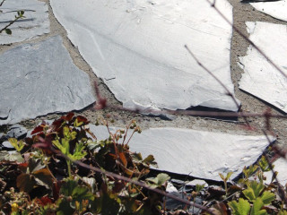 Naturnahe Gestaltung im Außenbereich mit Wegen und Plätzen aus polygonalen Schieferplatten.