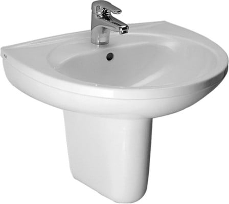 Waschbecken mit Hahnloch und durchgeführter Armatur sowie Überlauf
