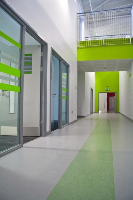 In den Fluren leiten Streifen im gleichen Grünton zu den Gemeinschaftszonen
