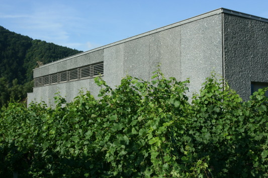 Die Fassade besteht aus 3 x 7 m großen, vorgehängten Betonelemente mit Einschlüssen grüner Steine