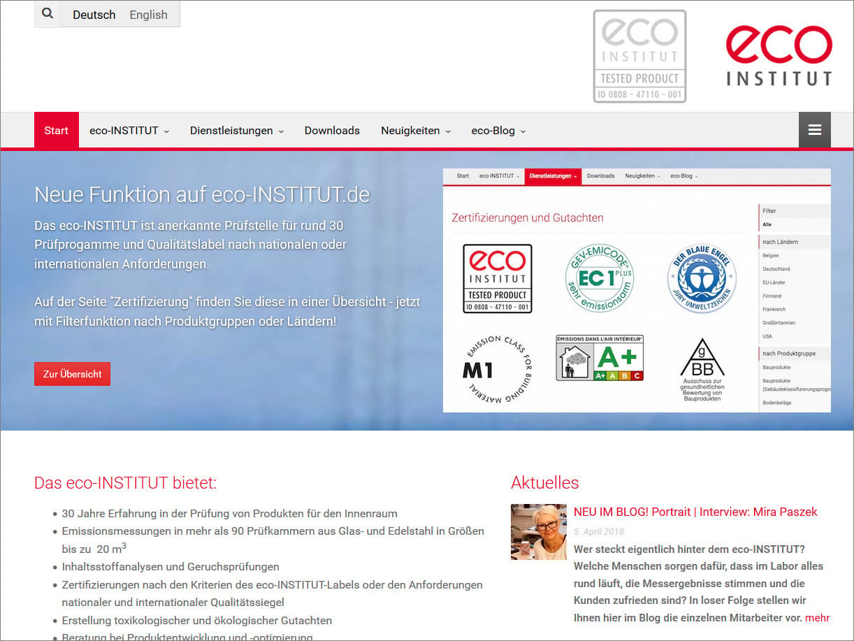 Das Eco Institut ist ein unabhängiges, privatrechtliches Prüfinstitut, das u.a. chemisch-analytische und physikalische Laboruntersuchungen nach internationalen Normen und Standards anbietet
