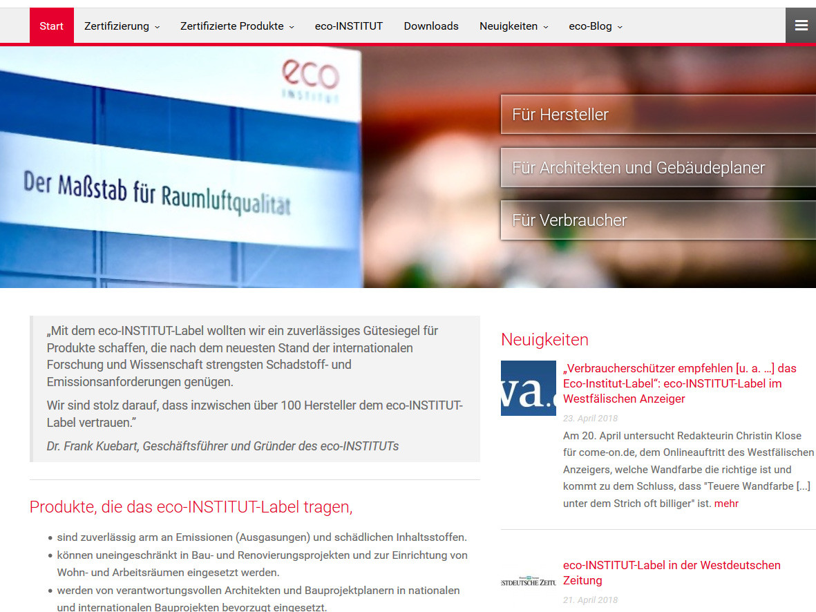 Produkte, die mit dem Eco-Institut-Label ausgezeichnet sind, genügen strengsten Emissions- und Schadstoffanforderungen